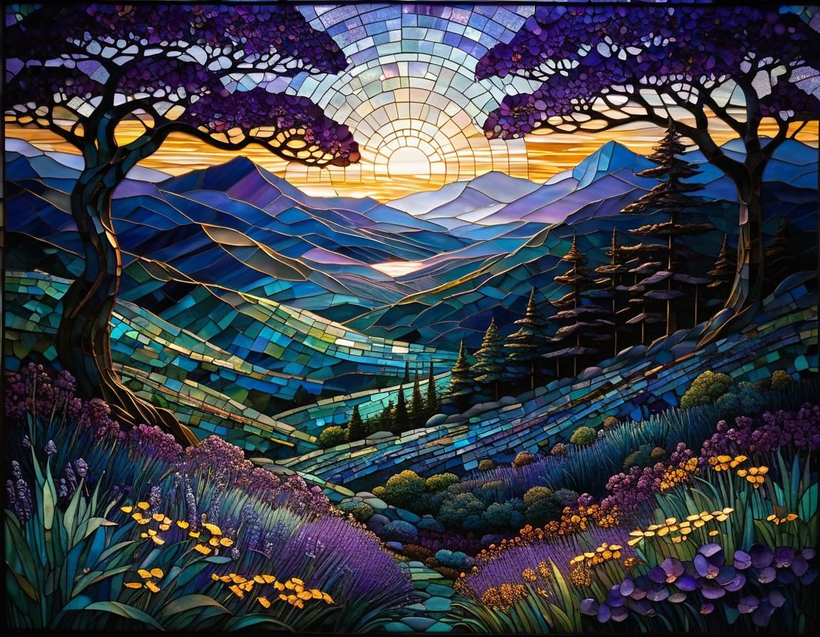 Stained Glass Mosaic Window in Violet Mist Style