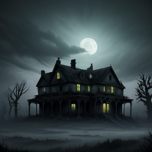 Dark Fantasy Haunted House Illustration on Stormy Hill
