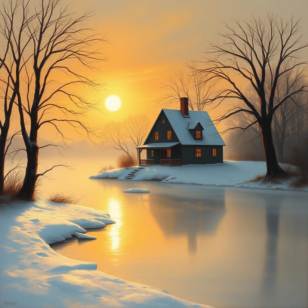 Serene Sunset on a Riverbank in Soft Impressionist Brushstro...