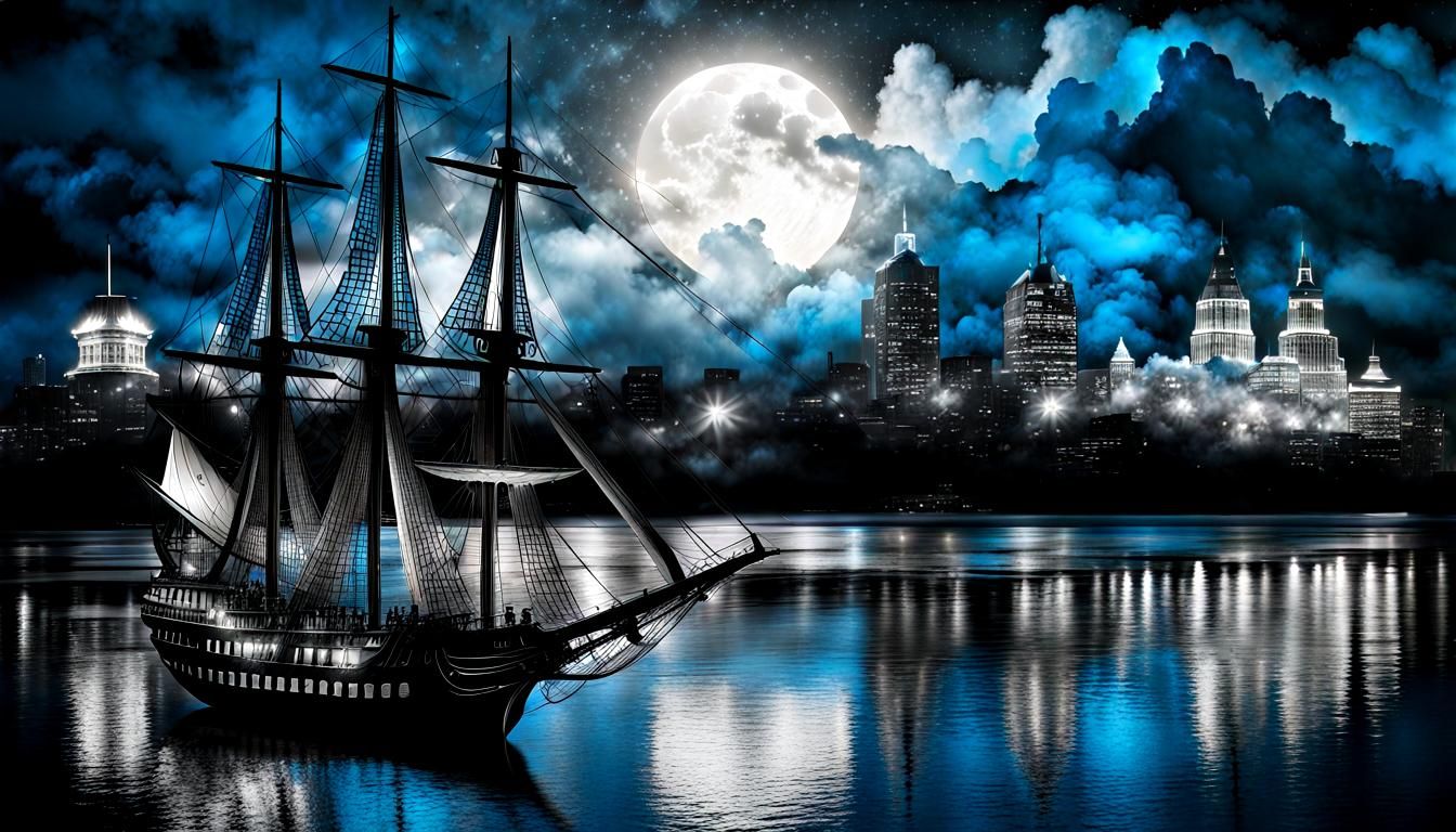 Moonlit Voyage: Sailing Ship's Silent Embrace of the Harbour
