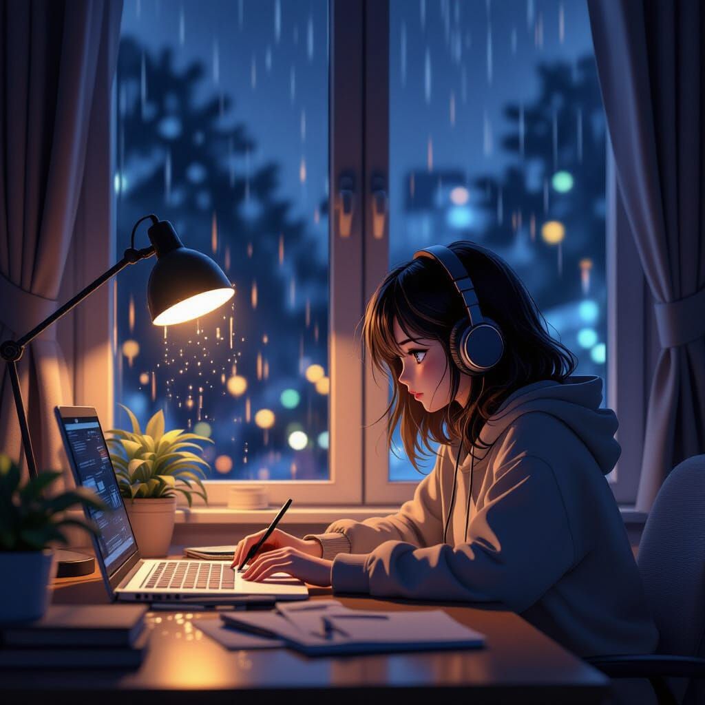Cozy Study Room at Night With Rain and Anime Style
