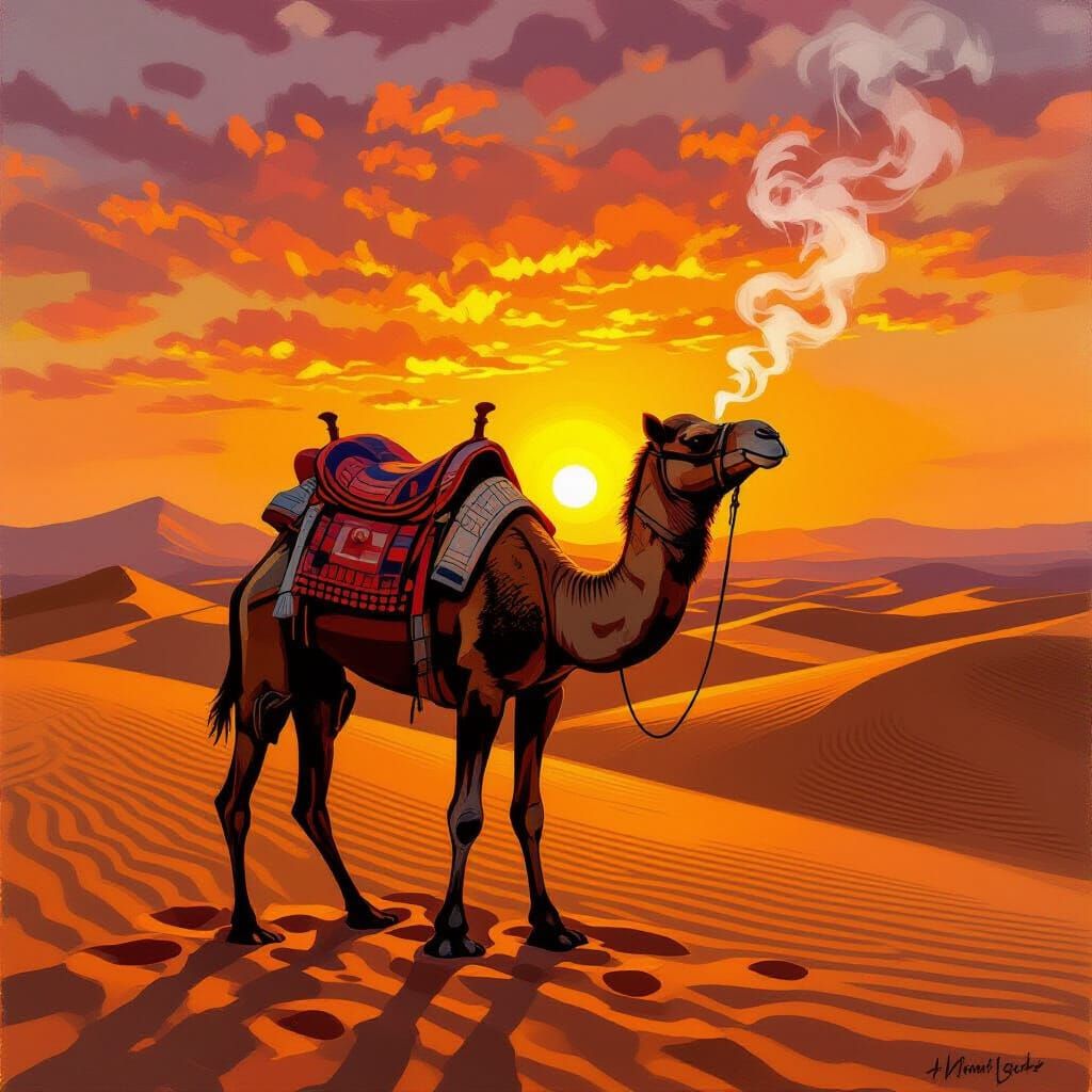 Ancient Camel in Golden Hour Desert, Impasto Oil Style