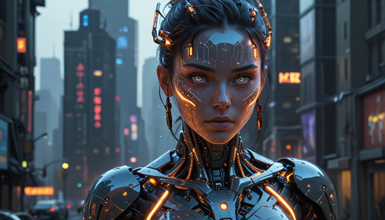 Cybernetic Android Goddess in Neon-Lit Metropolis