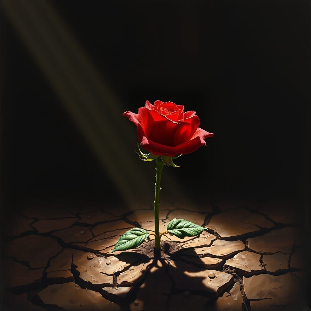 Hyperrealistic Red Rose Oil Painting in Caravaggio Style