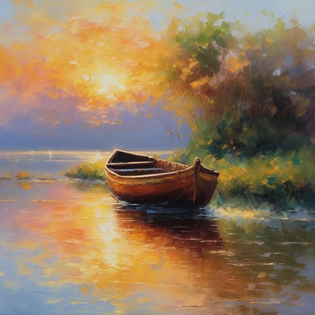 Impressionist Seascape at Sunset with Rowboat
