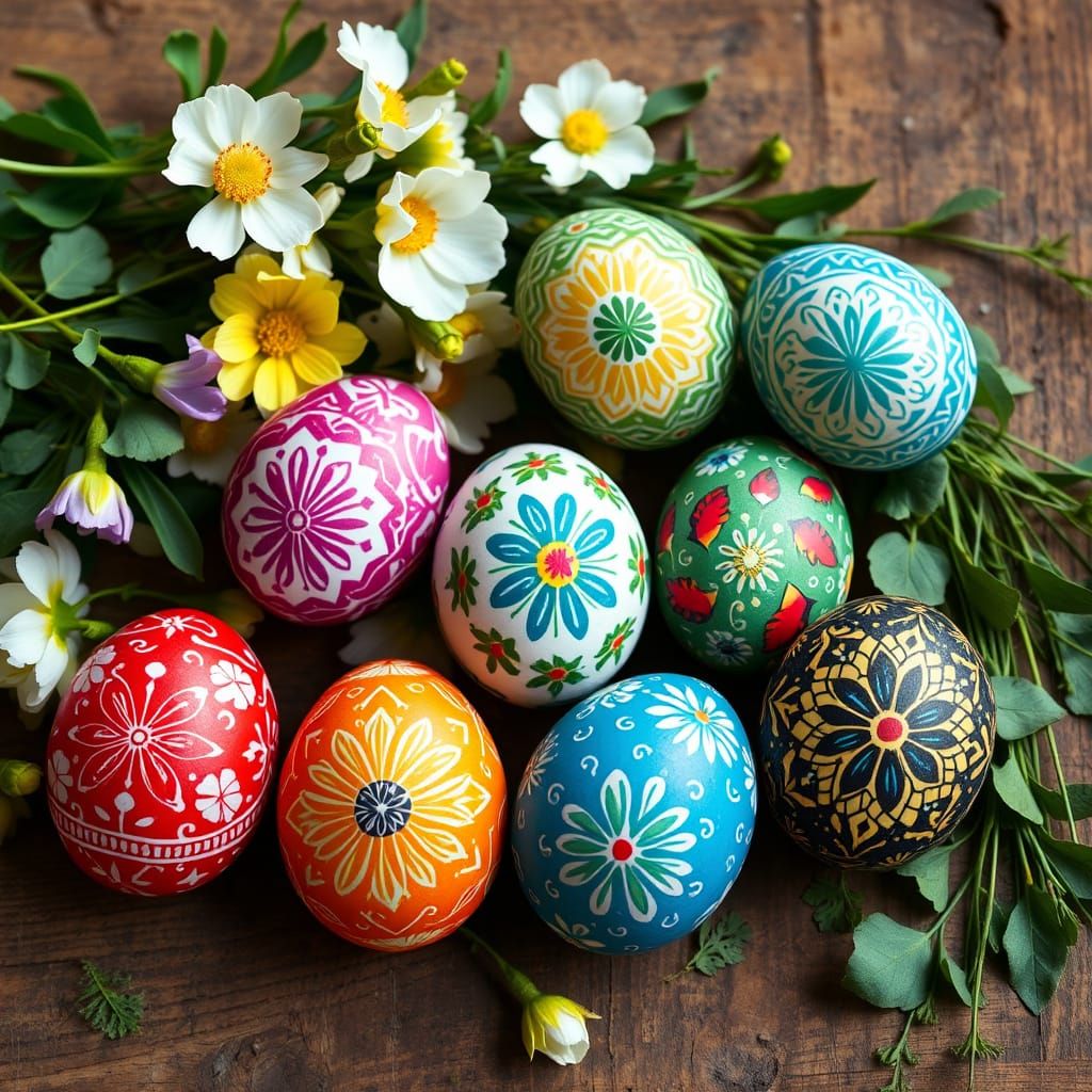 Vibrant Ukrainian Pisanka Eggs in Folk Art Style