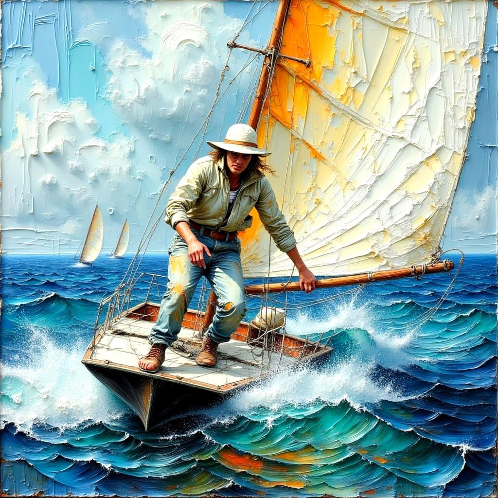 Sailing Ship Impasto Oil Painting in Pastel Colors