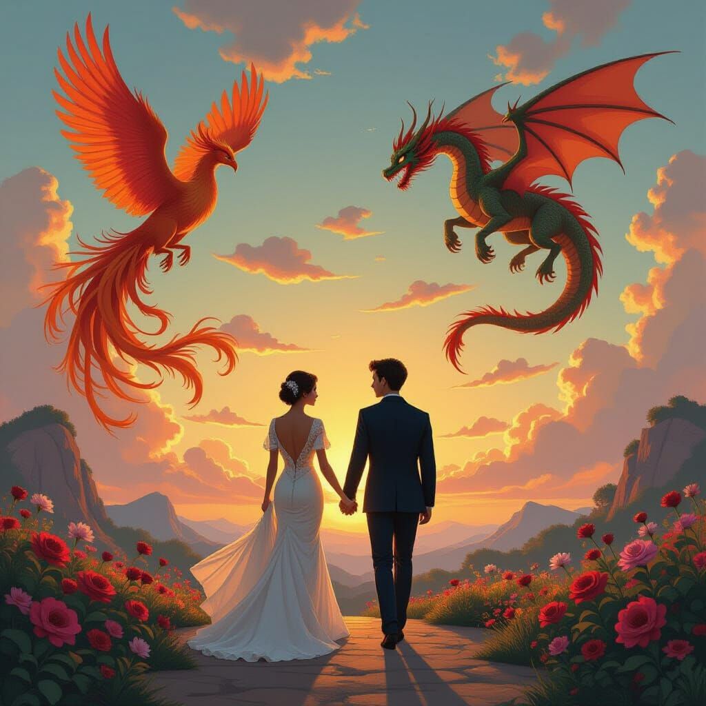 Silhouetted Couple with Dragon and Phoenix in Golden Light