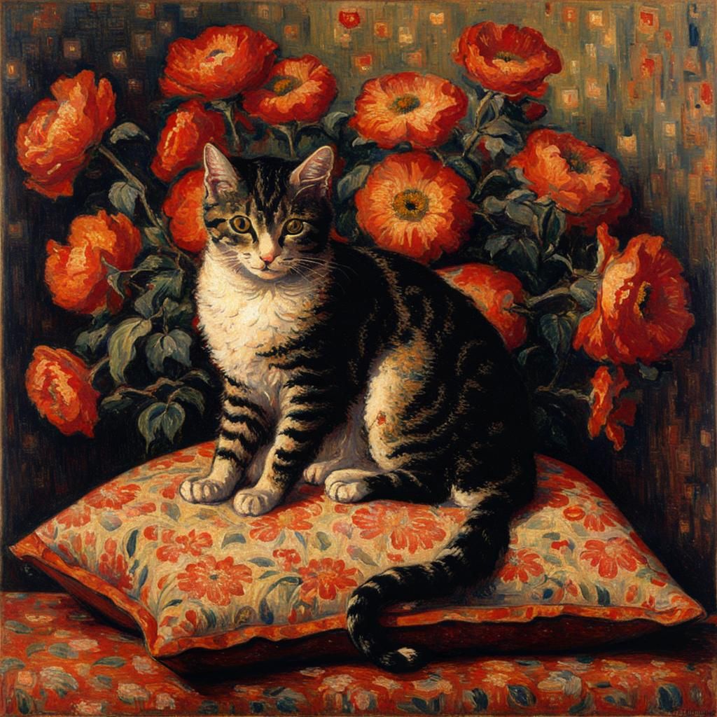 Cat on Pillow with Flowers in Pointillist Style