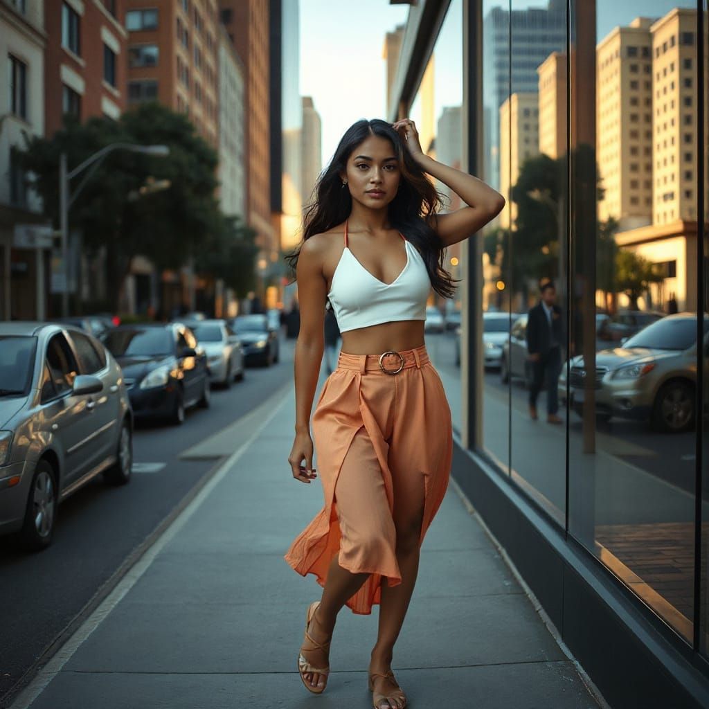 Latina Woman in City Stroll During Golden Hour