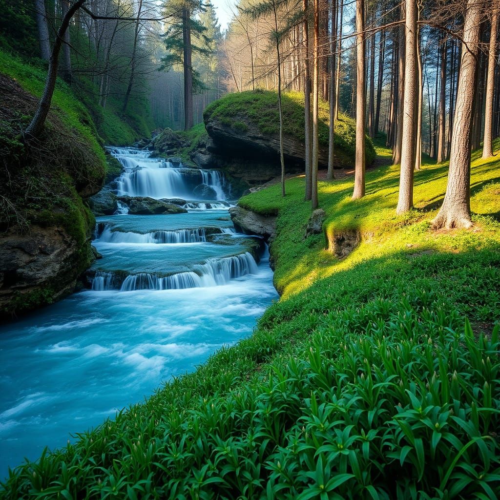 Bellissimo fiume che scorre con zaffiri blu intenso, serpegg...