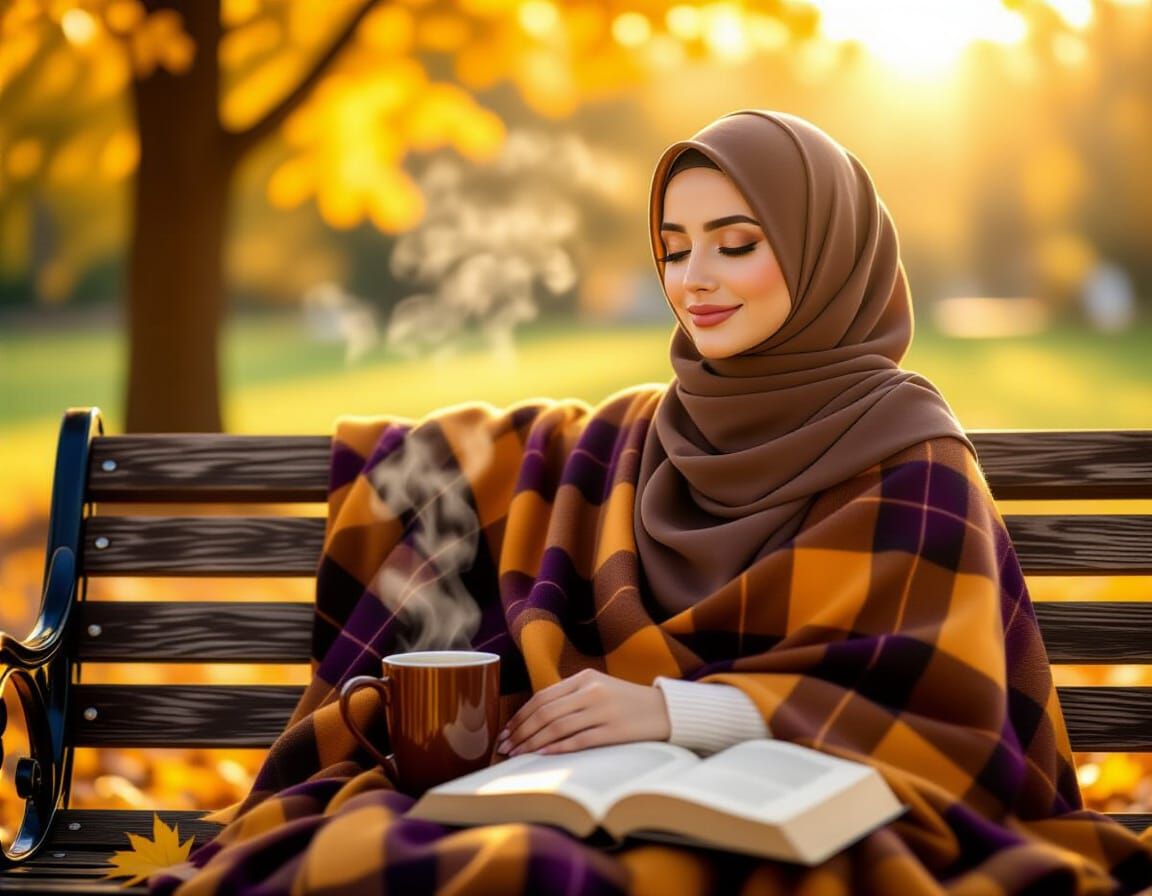 Relaxing Hijabi on Garden Bench in Autumn Sunlight