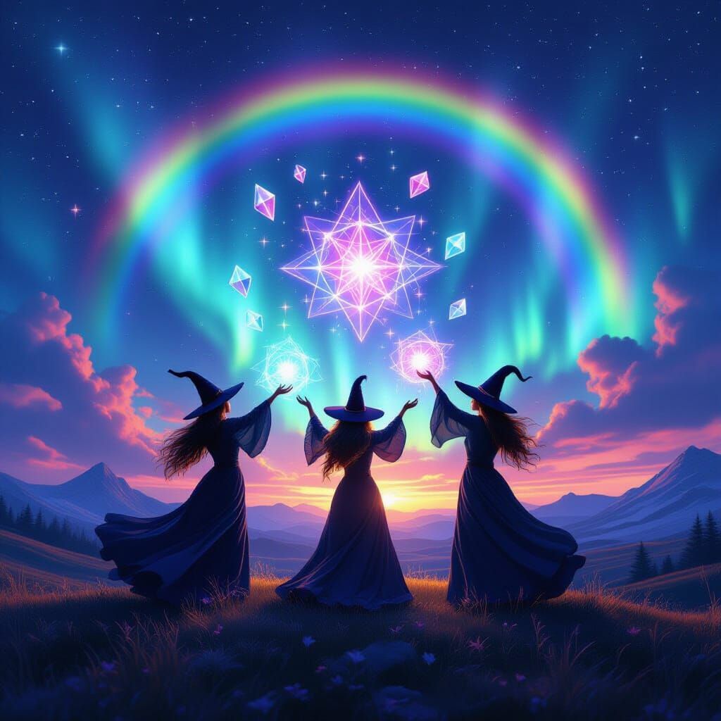 Three Witches Beneath Rainbow Aurora Sky