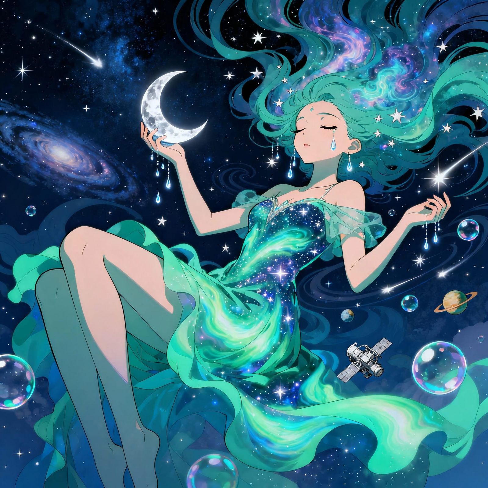 Goddess Reclining in Surreal Starry Sky, Anime Style