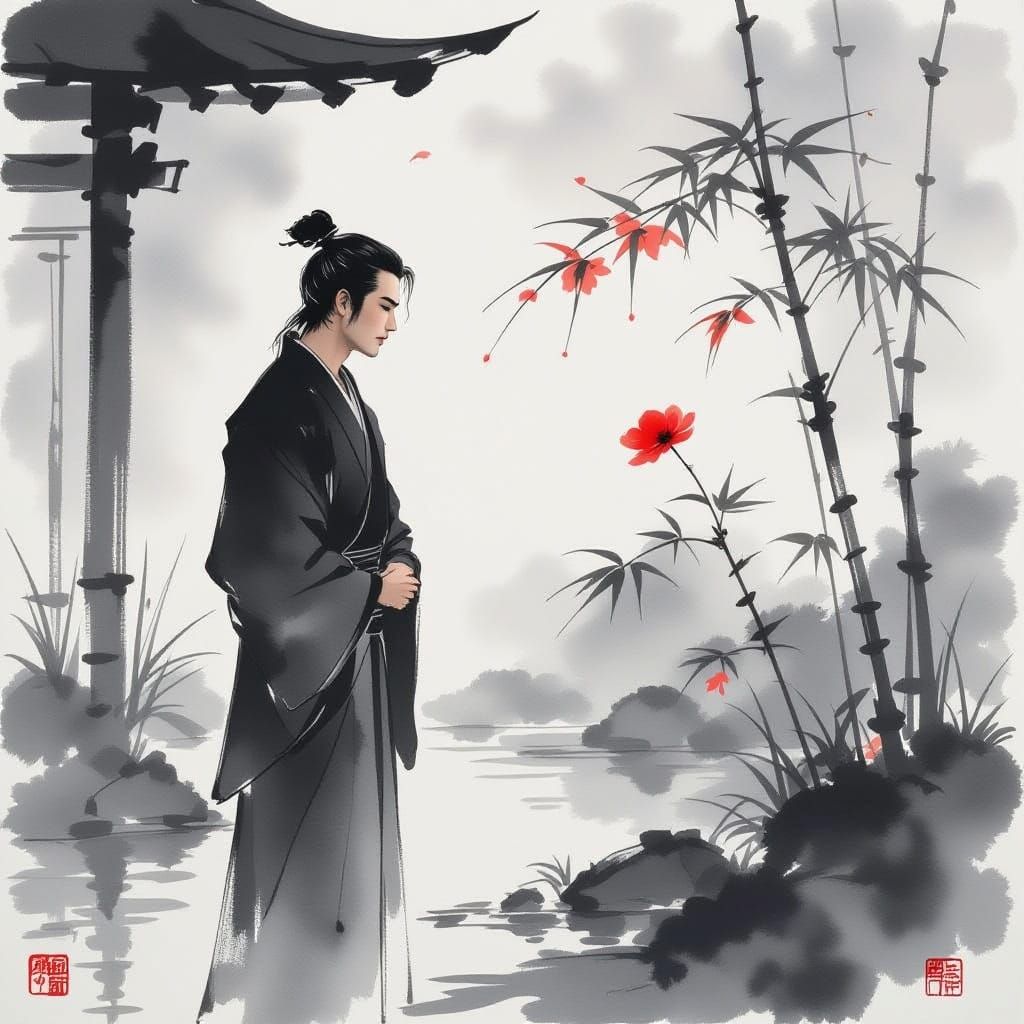 Sumi-e Painting of Man Contemplating Flower in Japanese Gard...