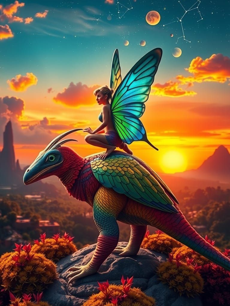 Iridescent Fairy on Psittacosaur at Sunset