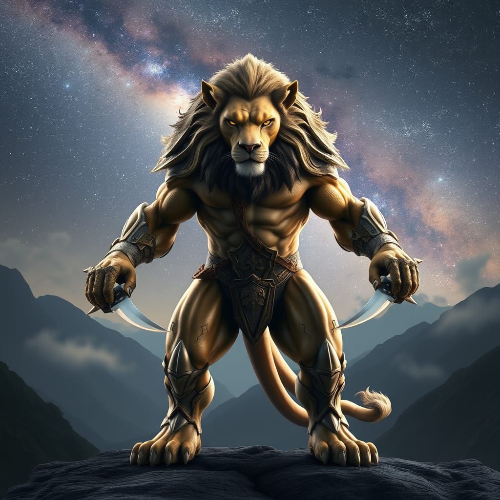 Regal Lion-Human Hybrid Stands Proud in Cyberpunk Fantasy La...