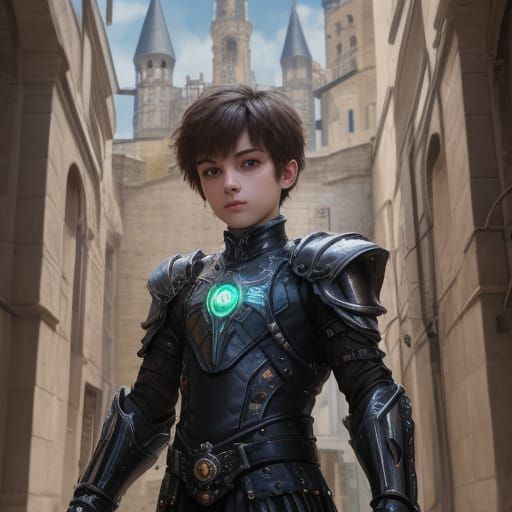 Renaissance Boy in Cyberpunk Armor at Castle