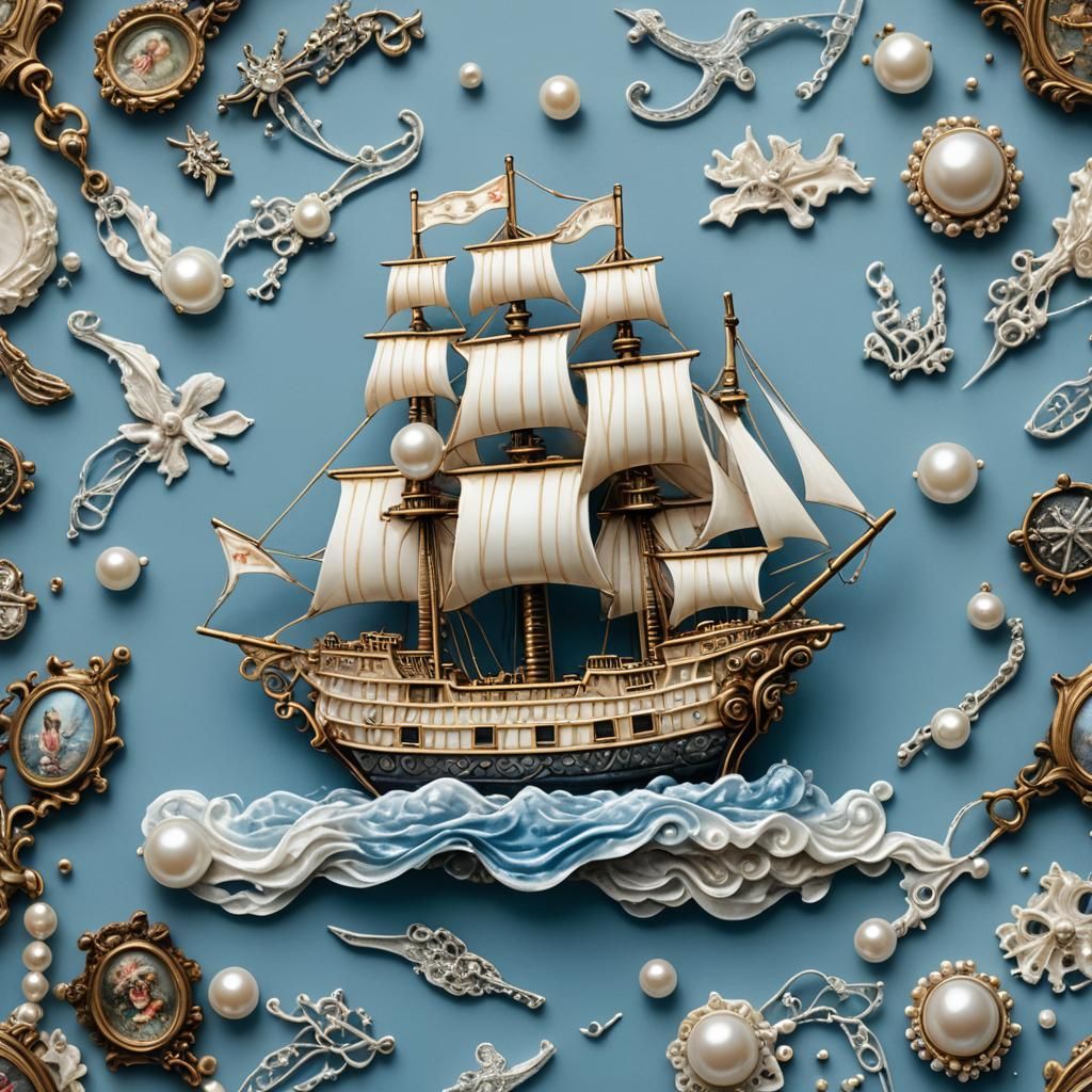 Pearl Flag Ship Brooch in Rococo Style
