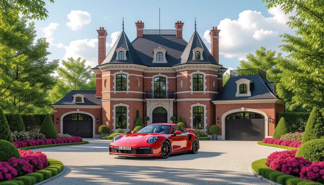Victorian Chateau with Red Porsche 911 Carrera