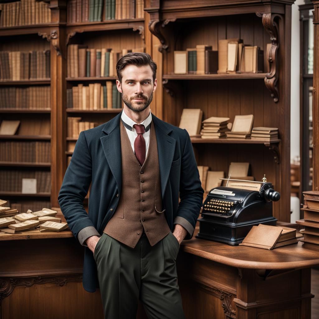 Antique Bookstore Owner at Wooden Desk