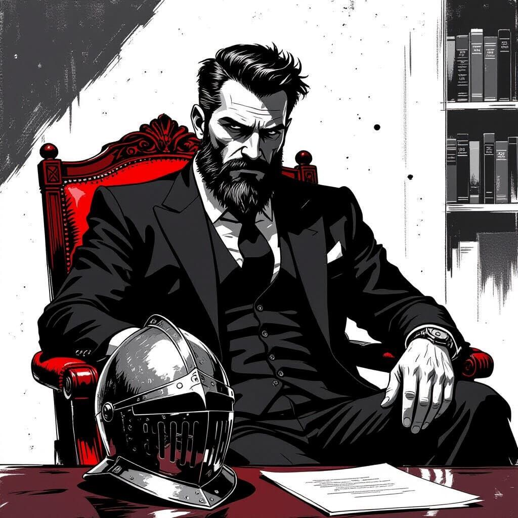 Noir Portrait with XVI Century Knight Helmet in Chiaroscuro