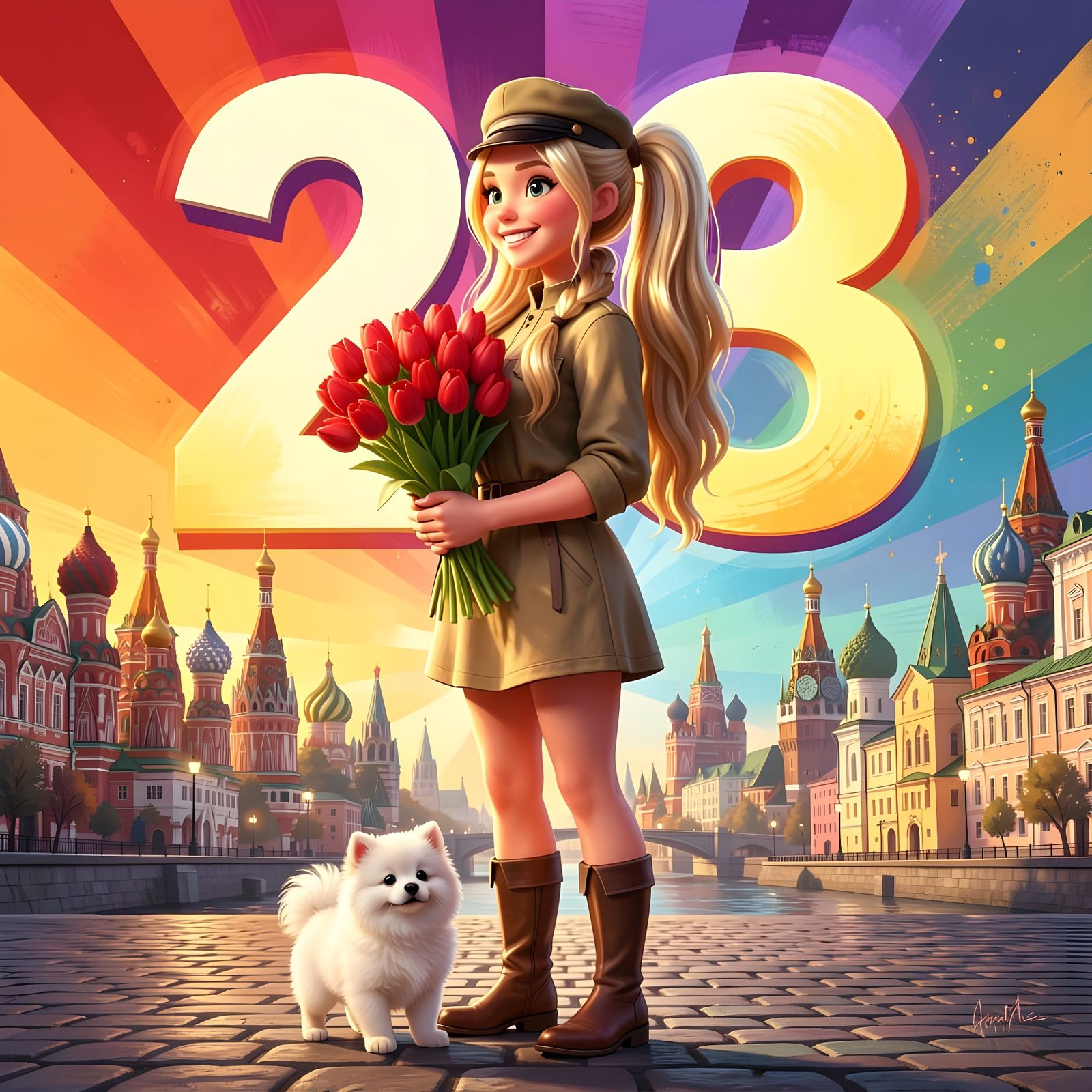 Blonde Woman with Tulips and Pomeranian in Russian City