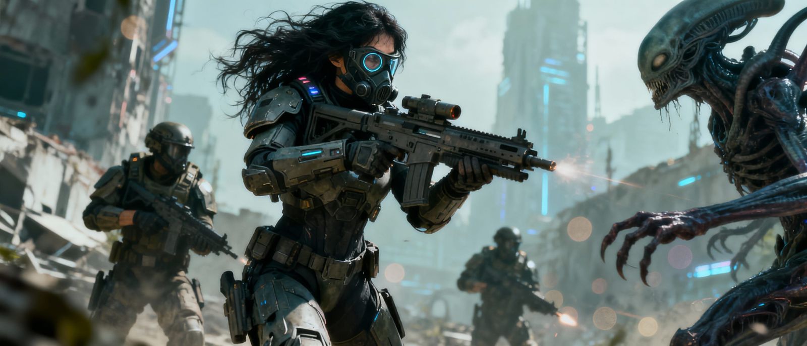 Cyberpunk Soldier Fights Aliens in Ruined City