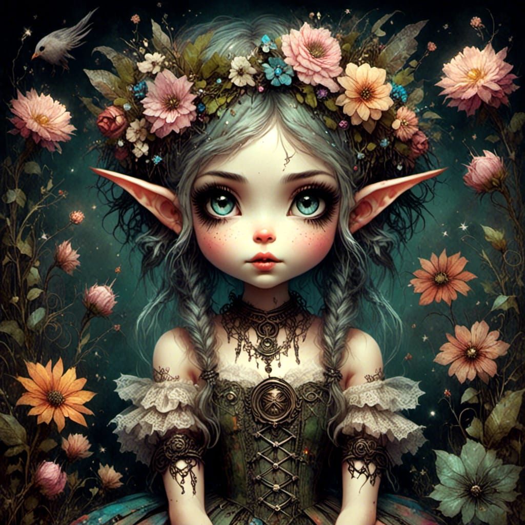 Whimsical Garden Gnome with Flowers in Digital Art