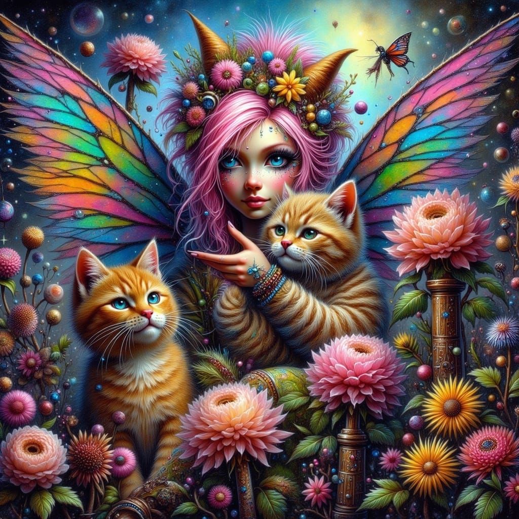 Glowing Fairy Cat Amidst Whimsical Treasures