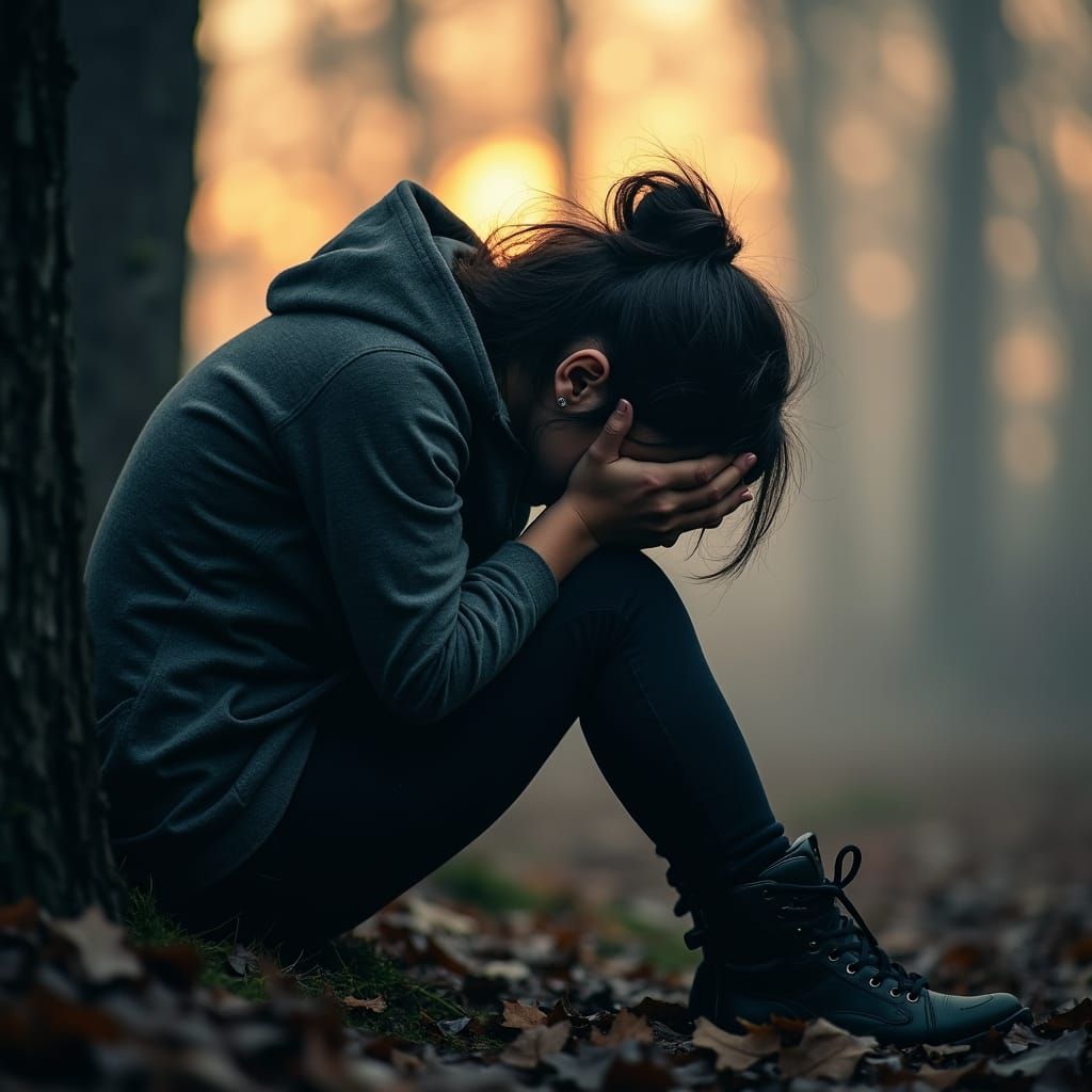 Sorrowful Portrait of Despair in a Darkened Landscape