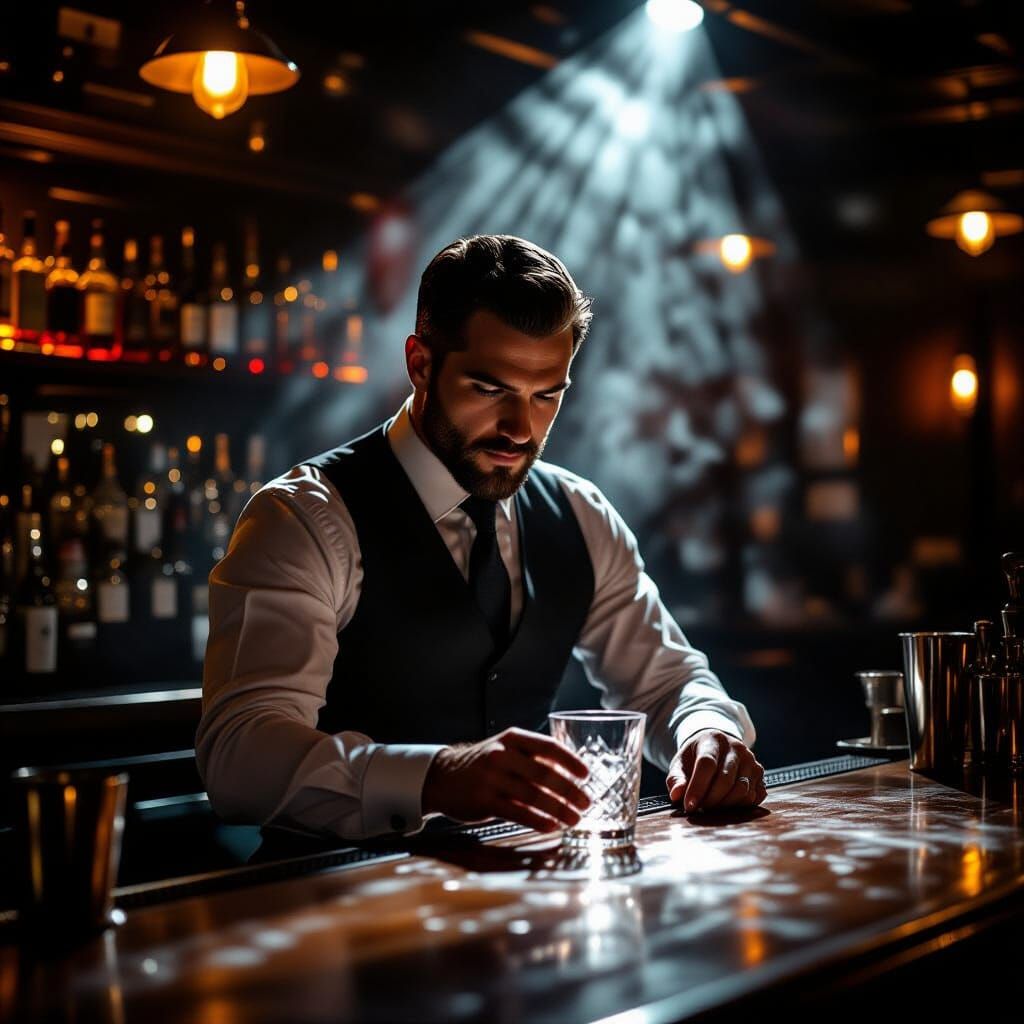 Bartender Polishes Glass in Dimly Lit Speakeasy