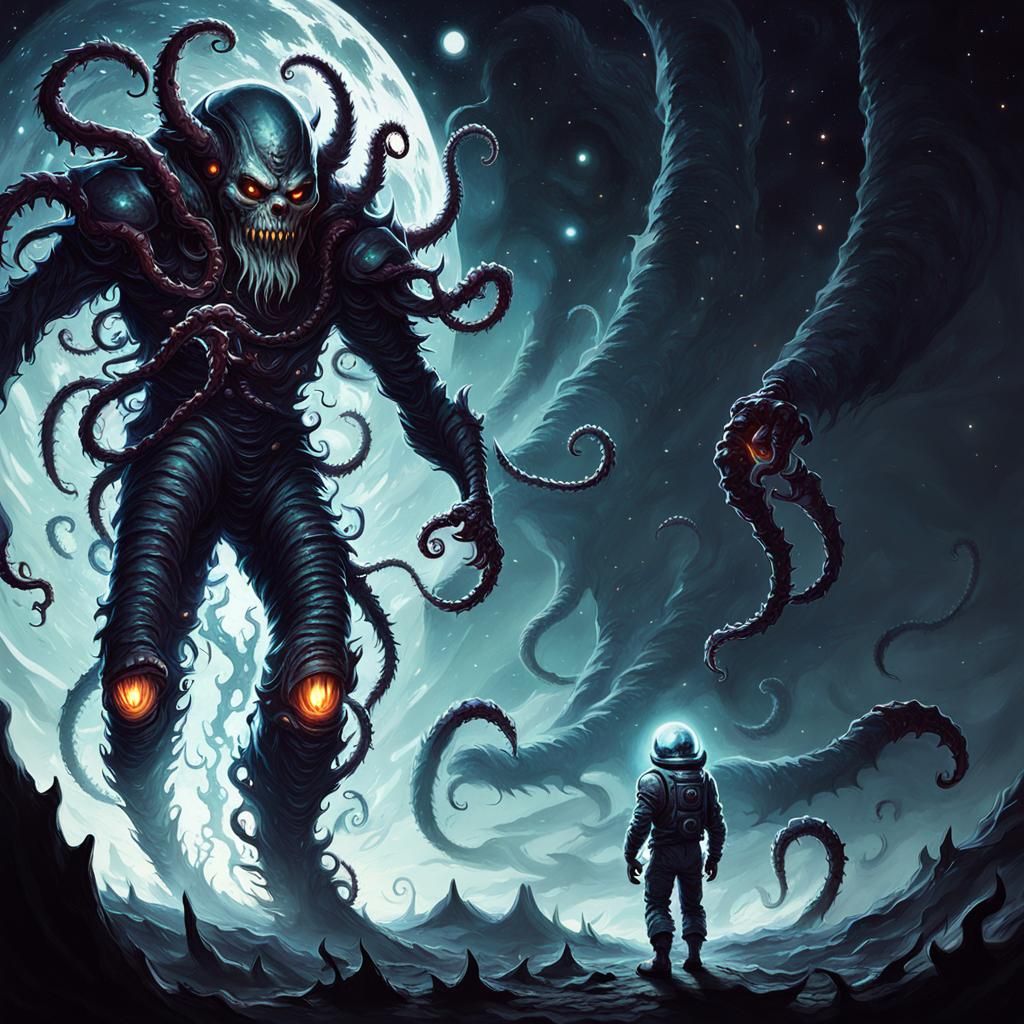 Cosmic Nightmare Demon Astronaut with Glowing Eyes