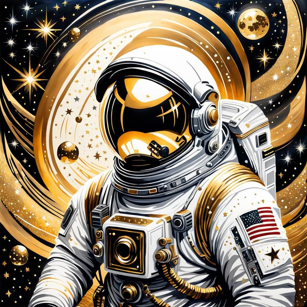 Astronaut Exploring Space with Gold Sparkles, Watercolor Sty...