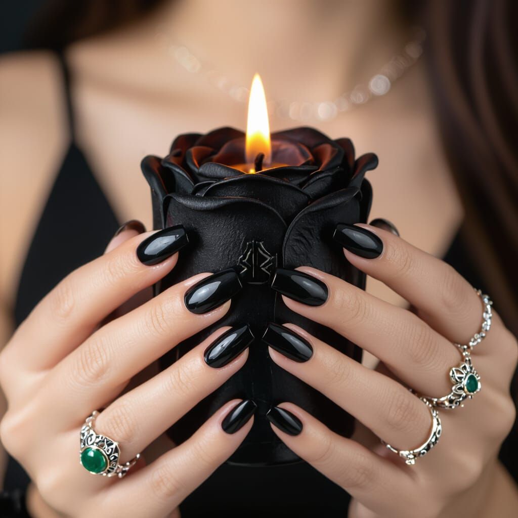 Elegant Hands Holding Burning Black Rose Candle with Ornate ...