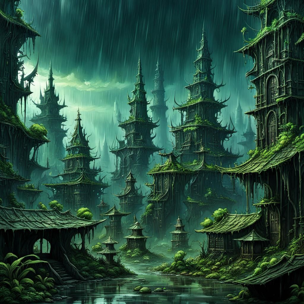 Rainy Post-Apocalyptic Goblin City in a Forest