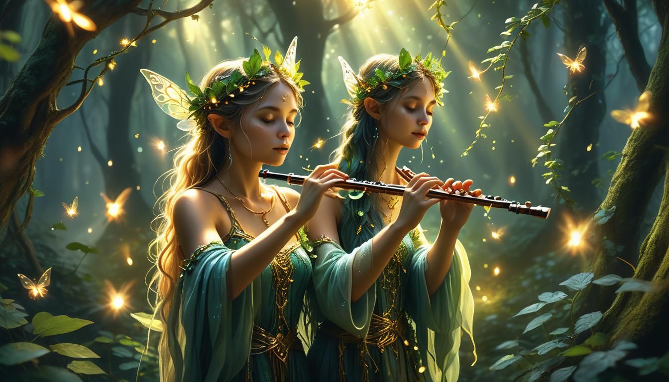 Faerie Playing Flute in Mystical Forest: Digital Art