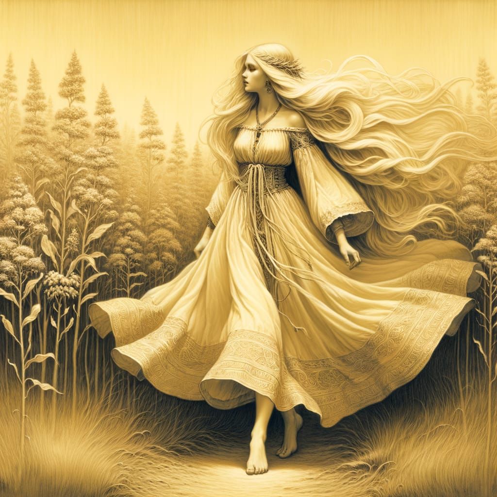 Norse Goddess in Monochromatic Goldenrod Fantasy Scene