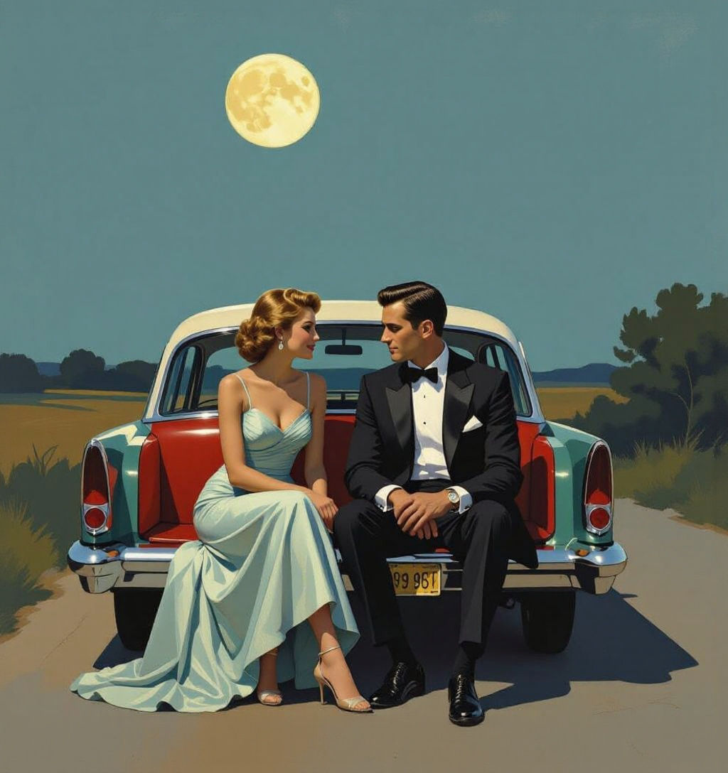 Vintage Car Night Rendezvous: A Cinematic Digital Painting