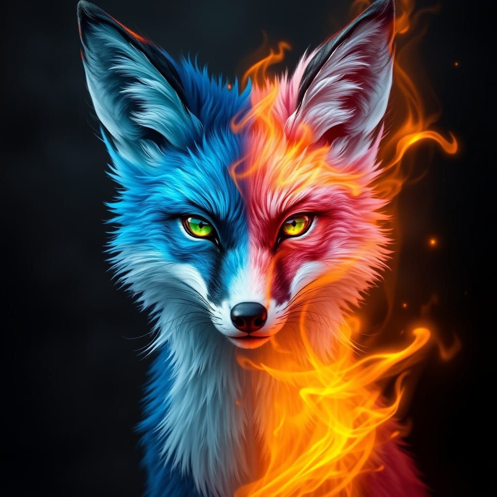 Electric Blue Fox in Fiery Fantasy Landscape