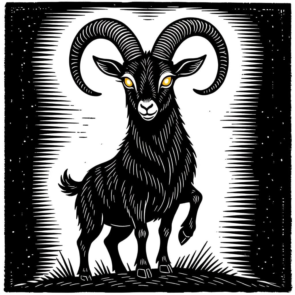 Witchy Black Goat Linocut Illustration