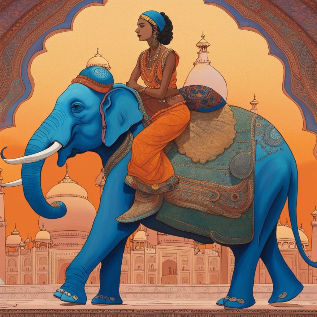 Indian Woman Riding Elephant, Anime Digital Painting
