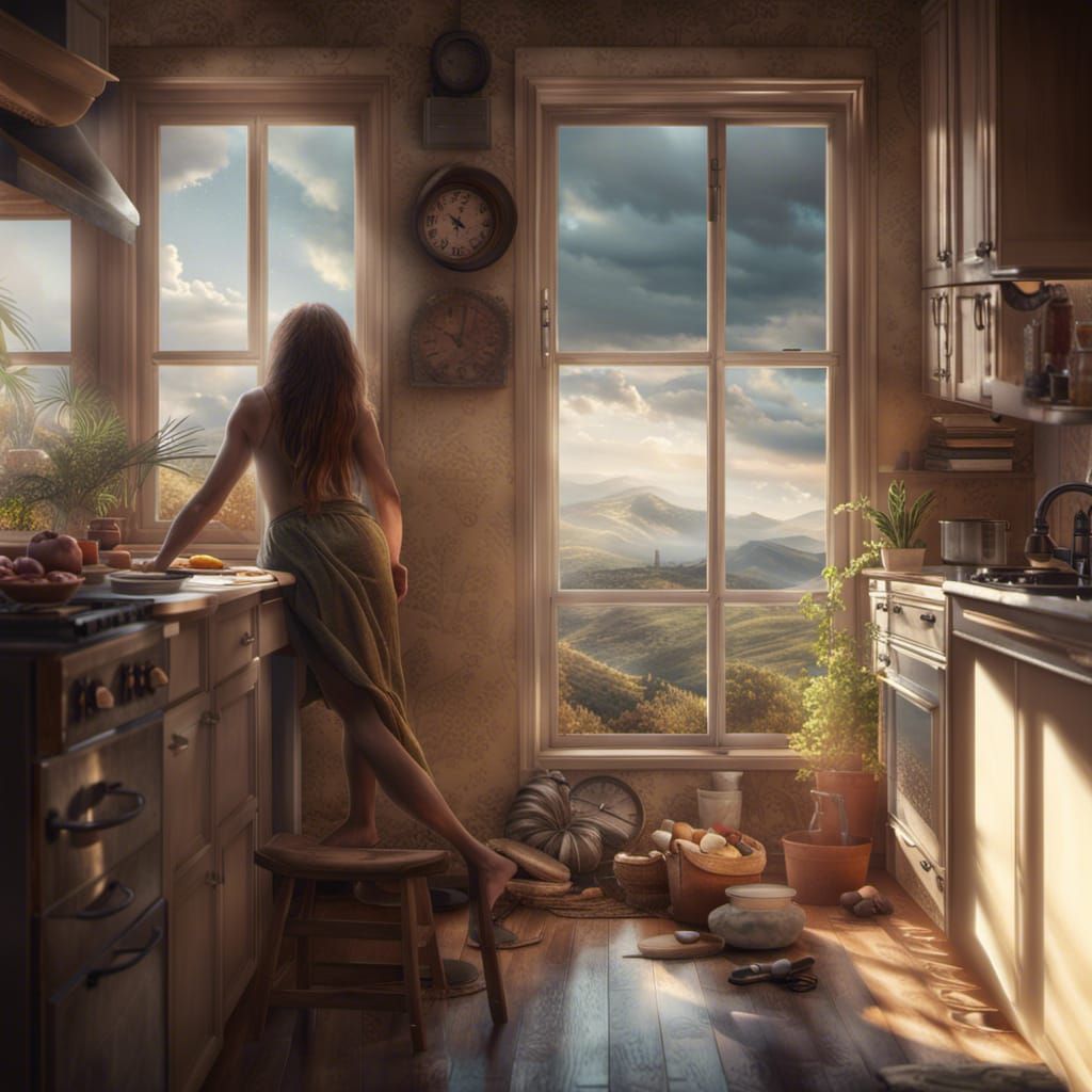 Contemplative Figure by Kitchen Window: Digital Matte Painti...