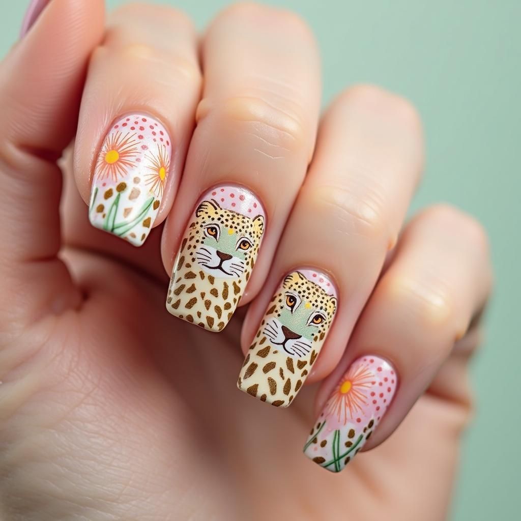 Elegant Cheetah Print Nail Art in Pastel Colors