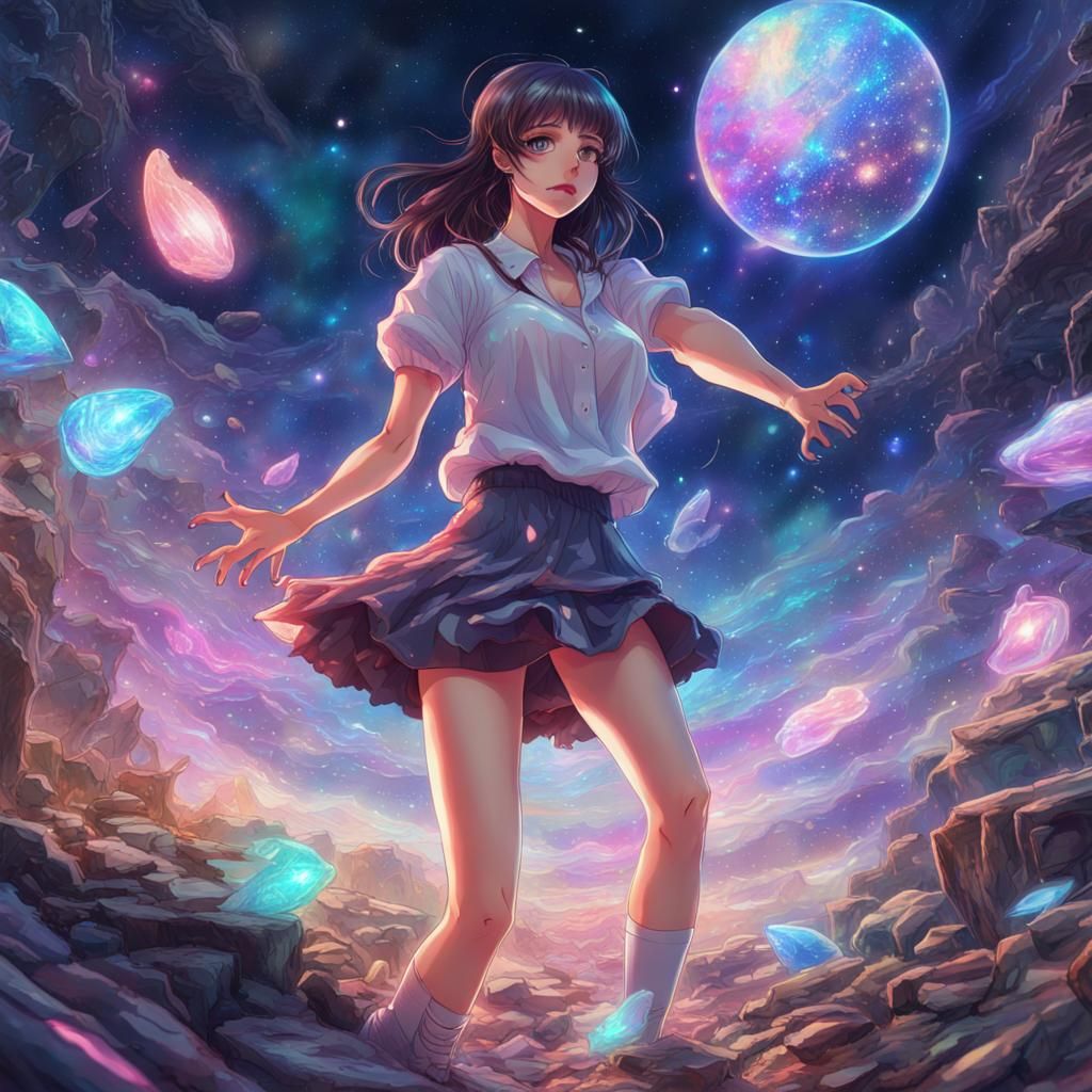 Anime Girl in Holographic Cosmic Illustration