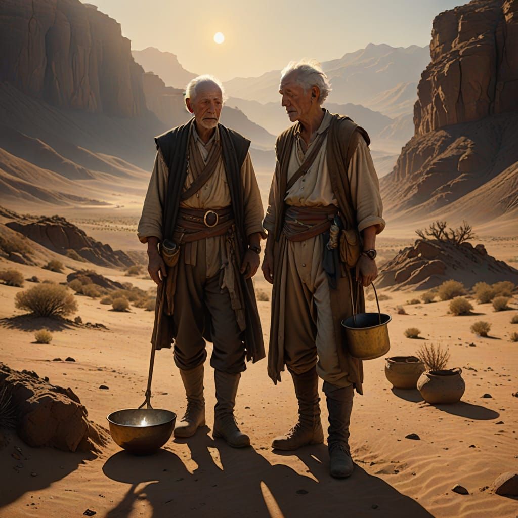 Two Elderly Men Share Precious Water in a Barren Landscape