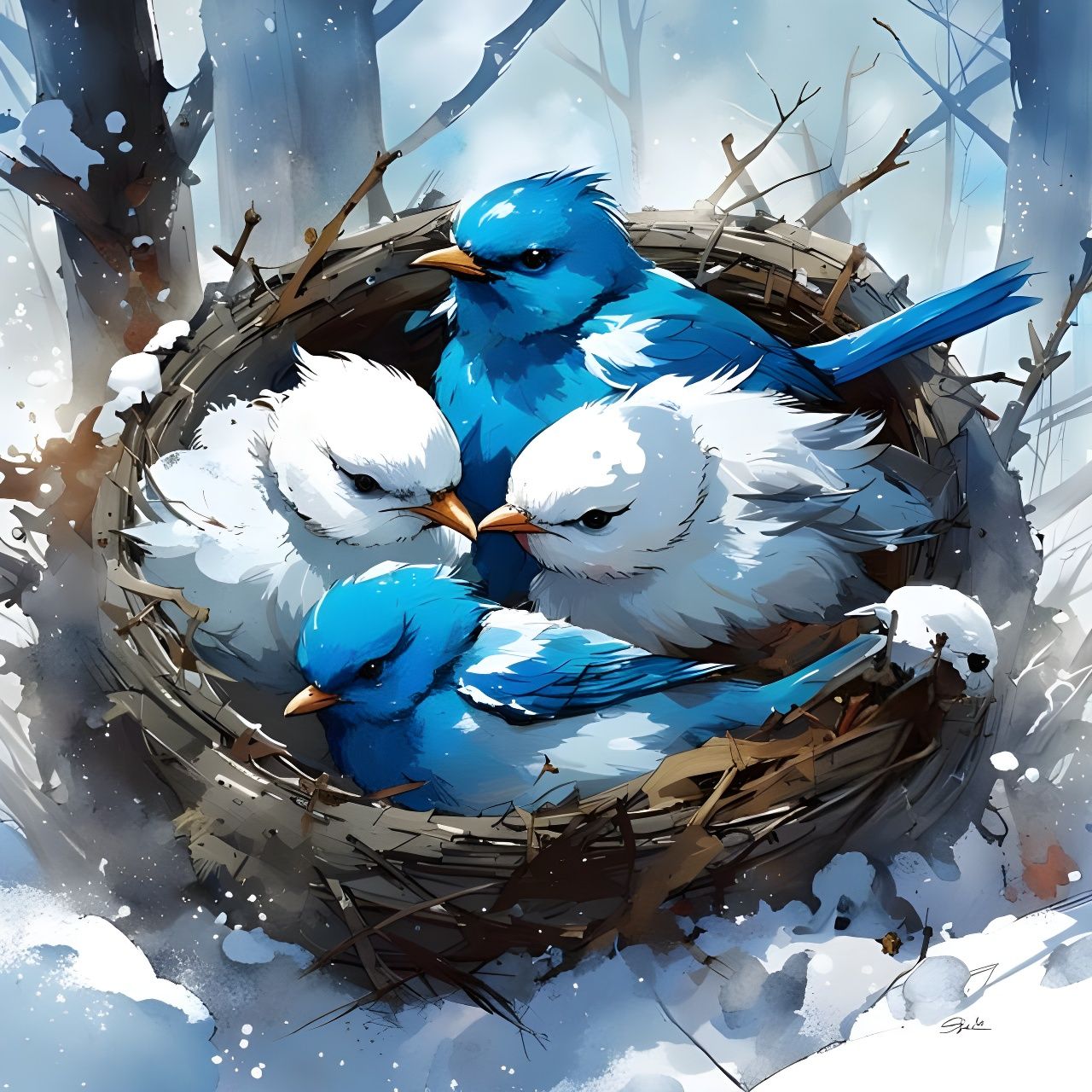 Blue Bird Family in Winter Forest, Detailed Fantasy Art