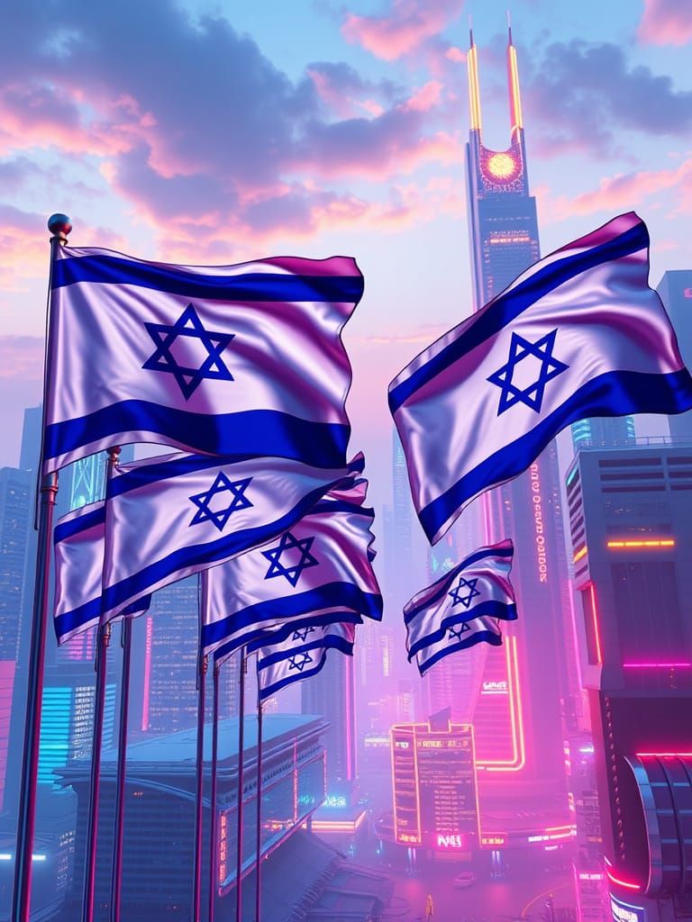 Luxurious Futuristic Cityscape with Waving Israeli Flags