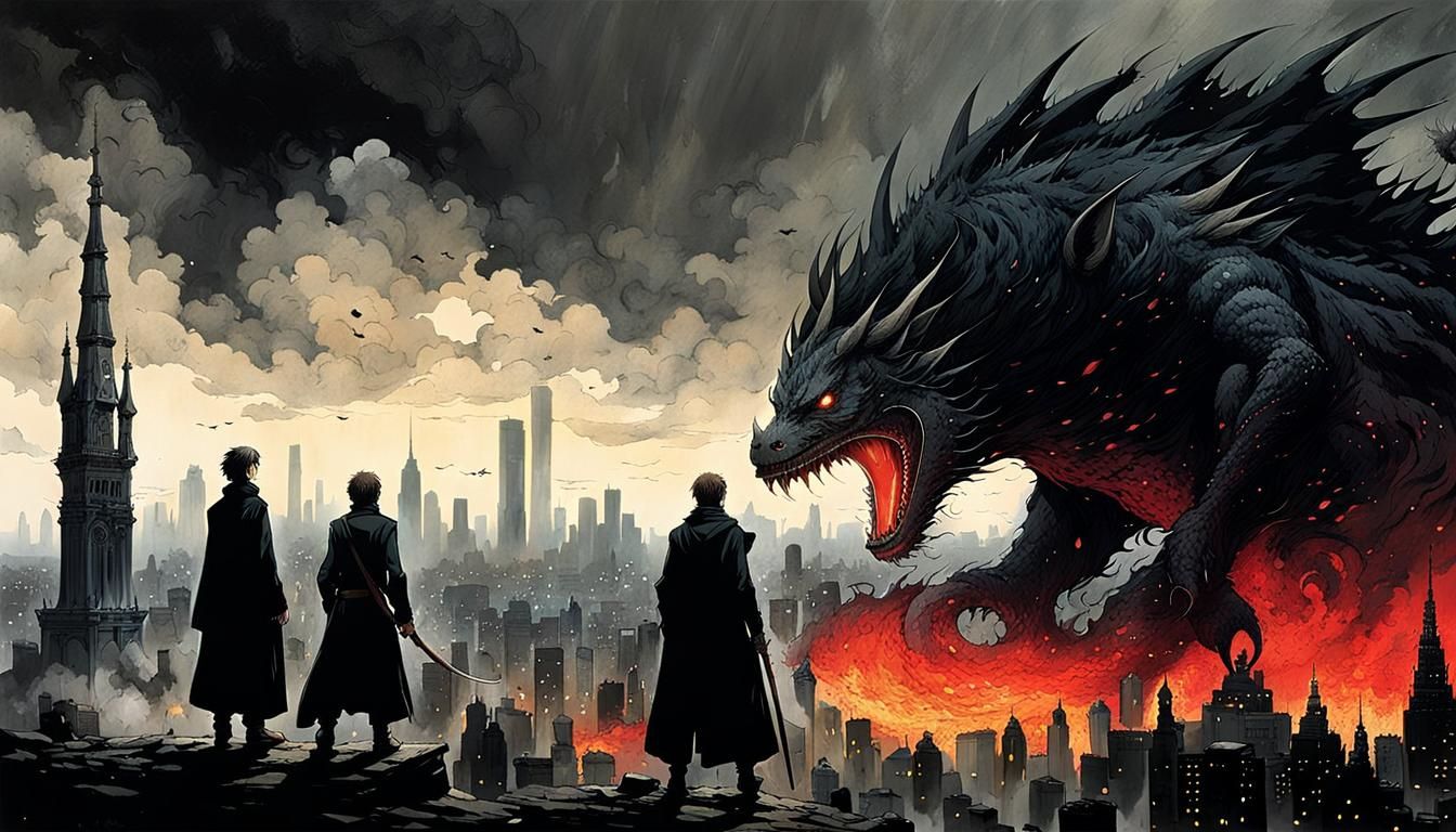 Epic Battle Scene with Giant Monster, Gothic Art