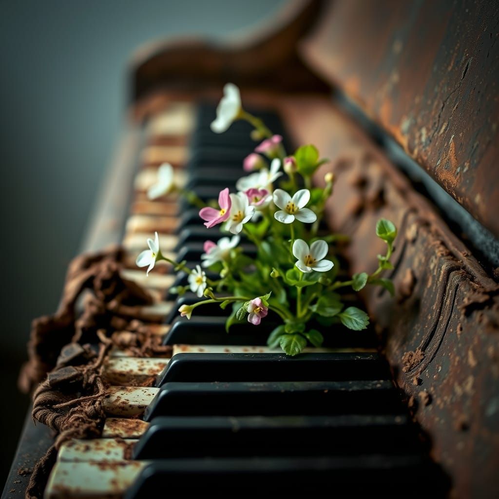 Worn Piano with Flowers: Nostalgic and Romantic Image